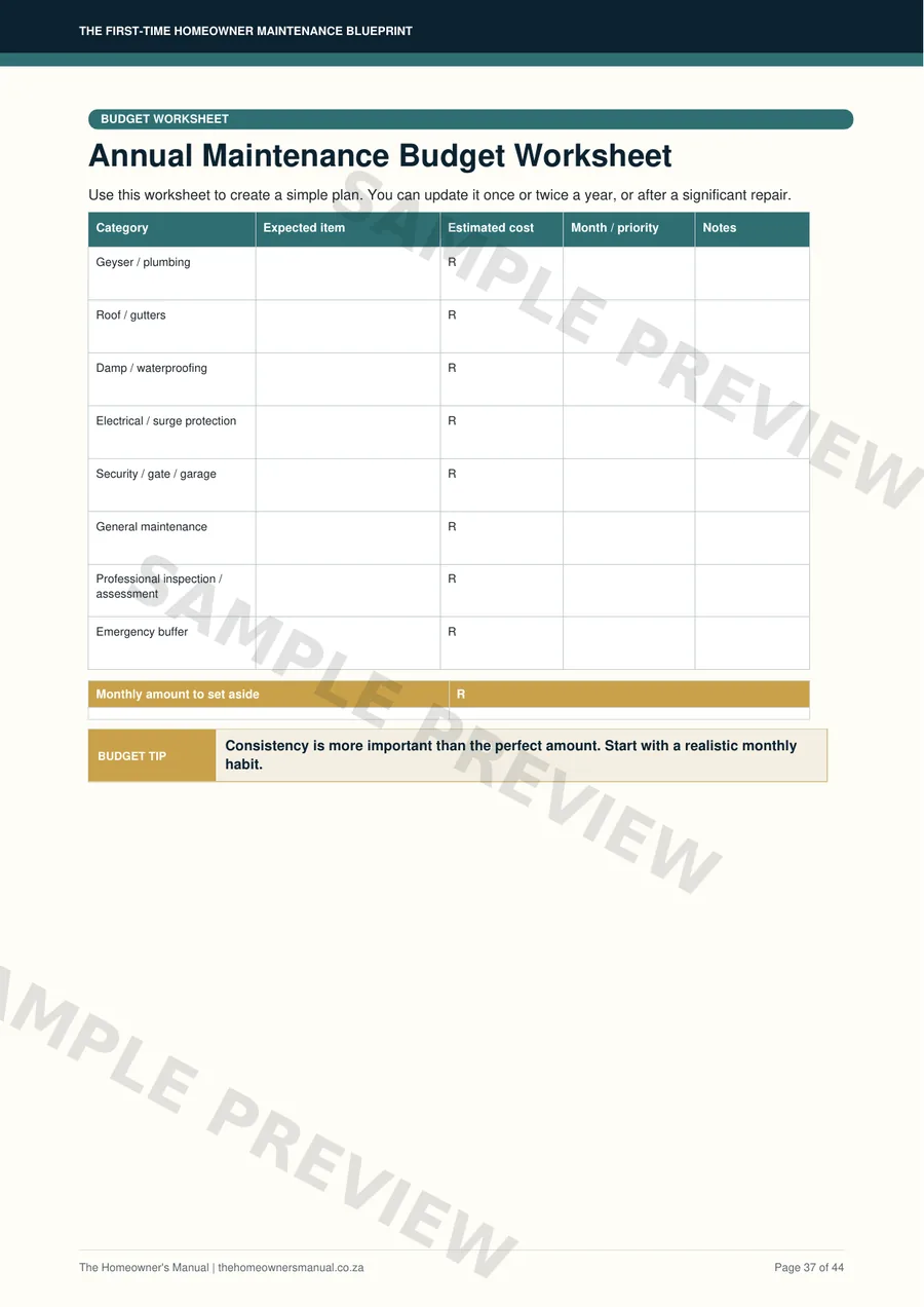Annual maintenance budget worksheet preview from the Blueprint