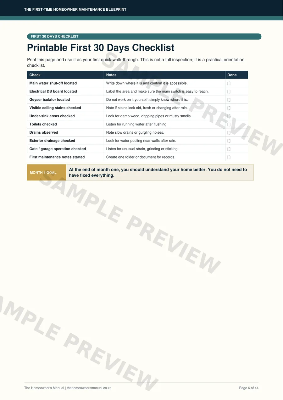 First 30 days checklist preview from the Blueprint